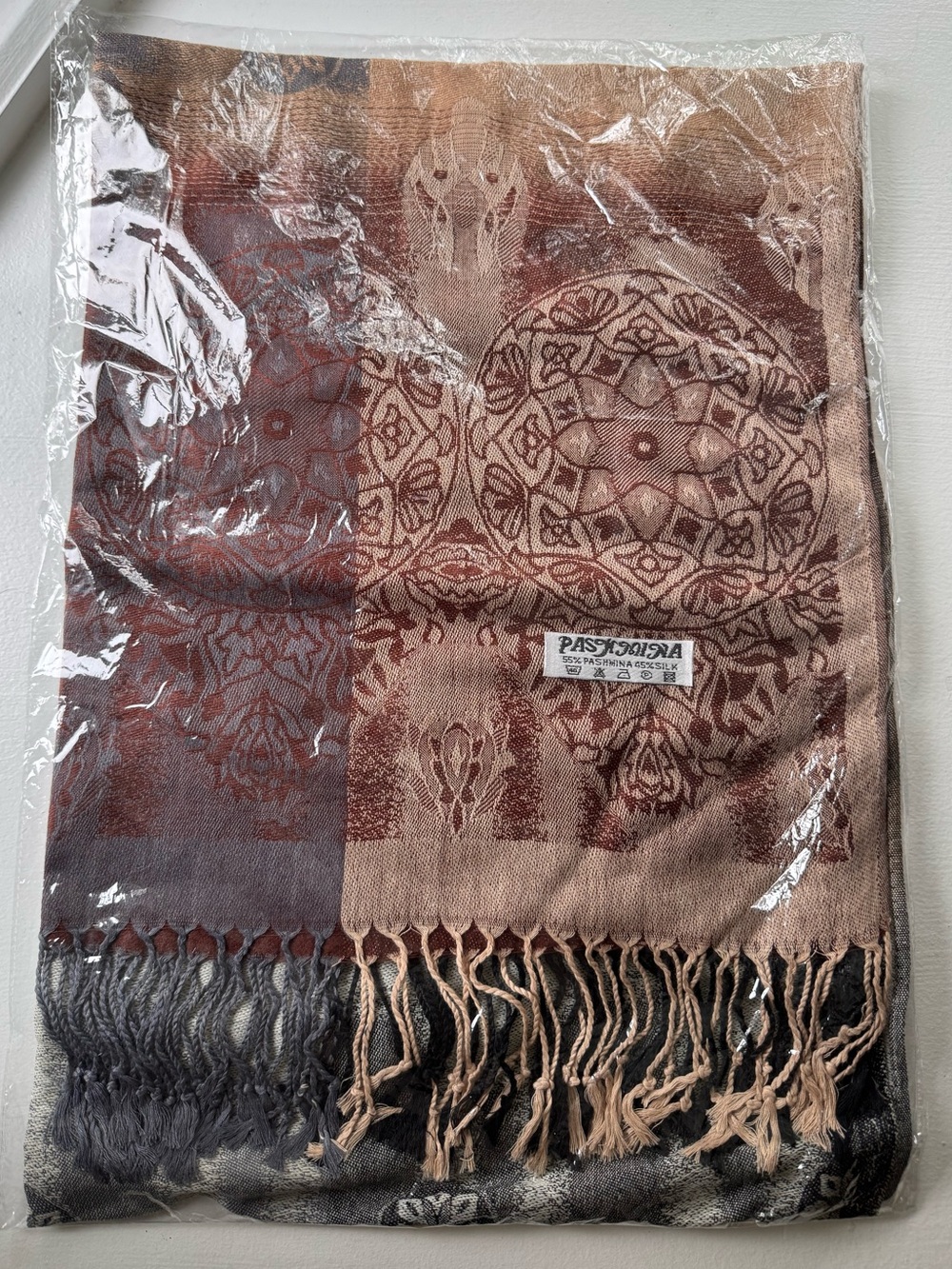 Pashmina-Silk Woven Fringe Shawl in Brown and Gray